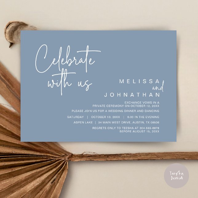 Invitation Fêtez avec nous, Mariage Elopement Dinner Party (Celebrate With Us, Wedding Elopement Dinner Invitation Card, PDF, in Dusty Blue)