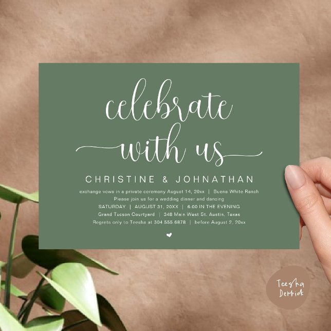 Invitation Fêtez avec nous, Mariage Elopement Dinner Party (Celebrate with us, Wedding Elopement Dinner Party Dancing Invites Card, pdf, greenery sage green)