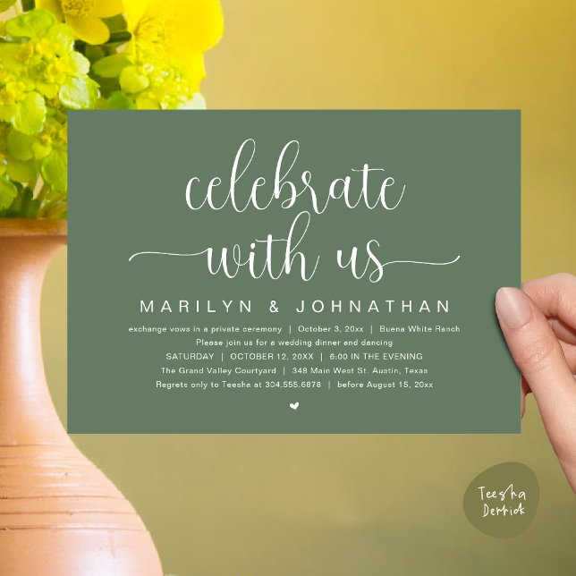 Invitation Fêtez avec nous, Mariage Elopement Dinner Party (Celebrate with us, Wedding Elopement Dinner Party Dancing Invitation Card PDF Greenery Sage Green)