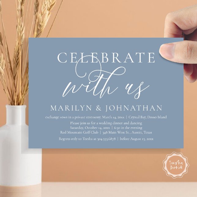 Invitation Fêtez avec nous, Mariage Elopement Dinner Party (Celebrate with us, Modern Wedding Elopement Dinner Invitation Card, PDF, Modern Romantic Dusty Blue)