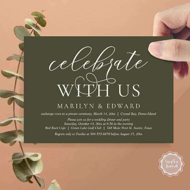 Invitation Fêtez avec nous, Mariage Elopement Party (Celebrate With Us, Modern Wedding Dinner Invitation Card, PDF, in Olive Green)