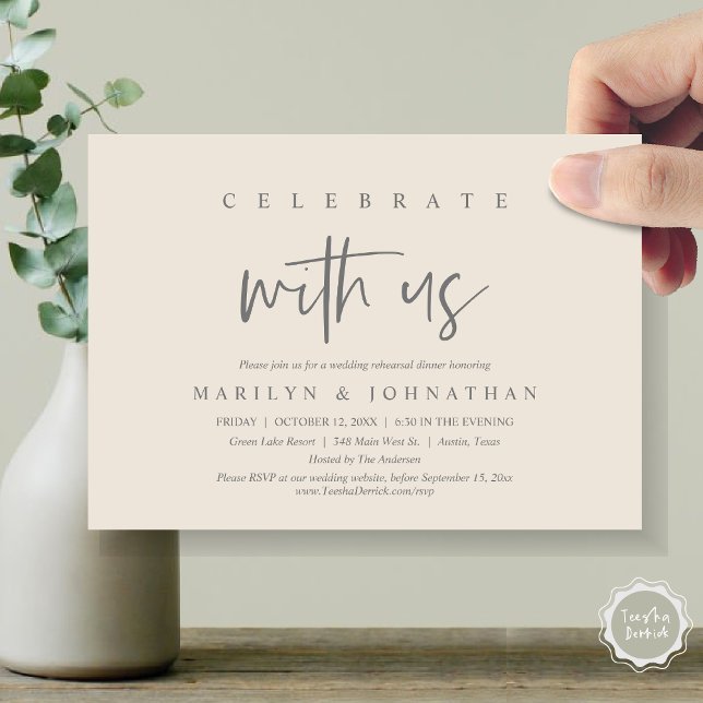 Invitation Fêtez Avec Nous, Mariage Rehearsal Party (Celebrate with us, Wedding Rehearsal Dinner Party Invitation Card, PDF, Modern Casual, Grey Cream)