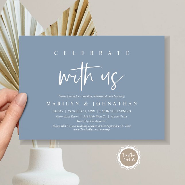 Invitation Fêtez Avec Nous, Mariage Rehearsal Party (Celebrate with us, Wedding Rehearsal Dinner Party Invitation Card, PDF, Modern Casual, Dusty Blue)