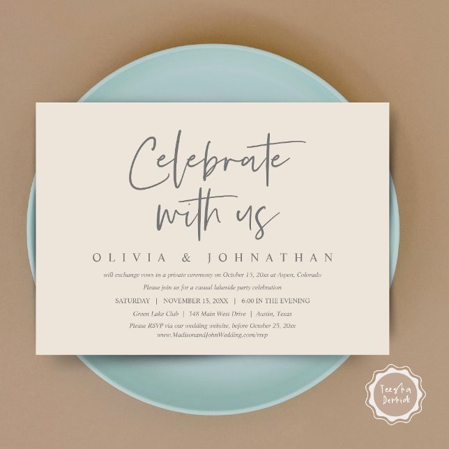 Invitation Fêtez avec nous, Parti de l'Elopement Mariage Déco (Celebrate With Us, Wedding Elopement Brunch, Lunch, Dinner Party Invitation Card, PDF, Cream Grey)