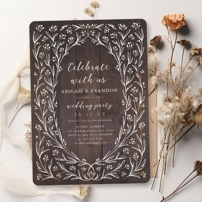Invitation Fêtez Avec Nous ! Rustic Wood Boho Fête Florale (Celebrate With Us! Rustic Wood Boho Floral party Invitation)