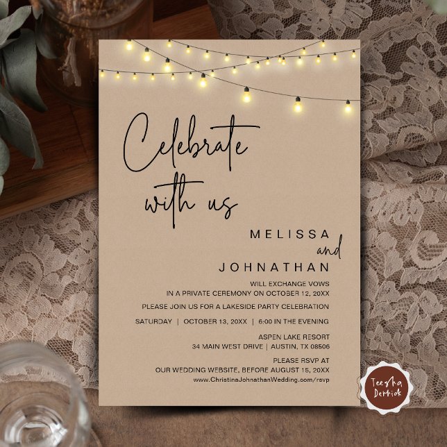 Invitation Fêtez Avec Nous, Rustique Mariage Elopement Party (Celebrate With Us, Rustic Wedding Elopement Party Invitation Card, Cottage Brown Kraft String Lights)