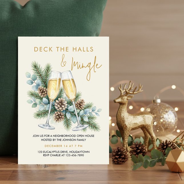 Invitation Fêtez les Fêtes Mingle Champagne Soirée de Fêtes (Holiday Party Invitation with champagne & greenery by Darling & May - printed or digital download)