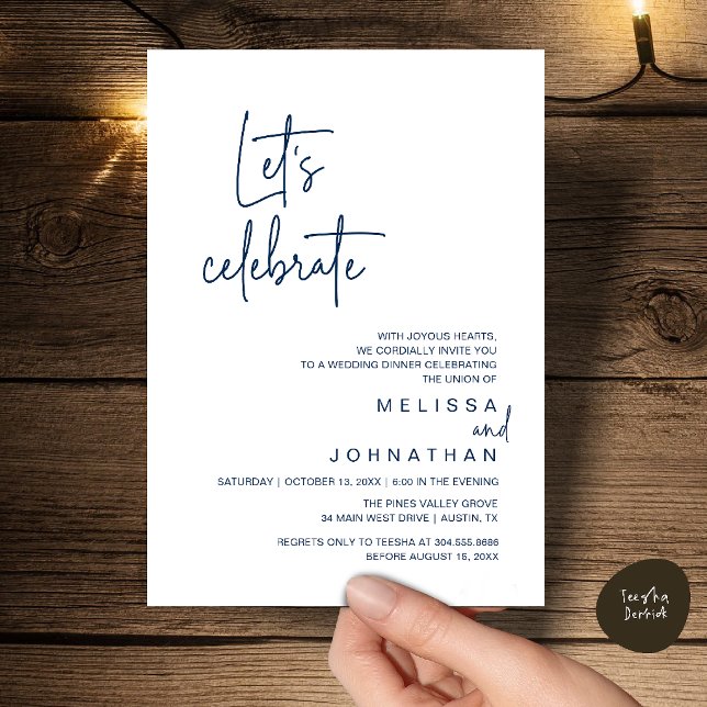 Invitation Fêtons, Dîner de Mariage en Intime (Let's Celebrate, Modern Wedding Elopement Dinner Party Invitation Card in Navy Blue)