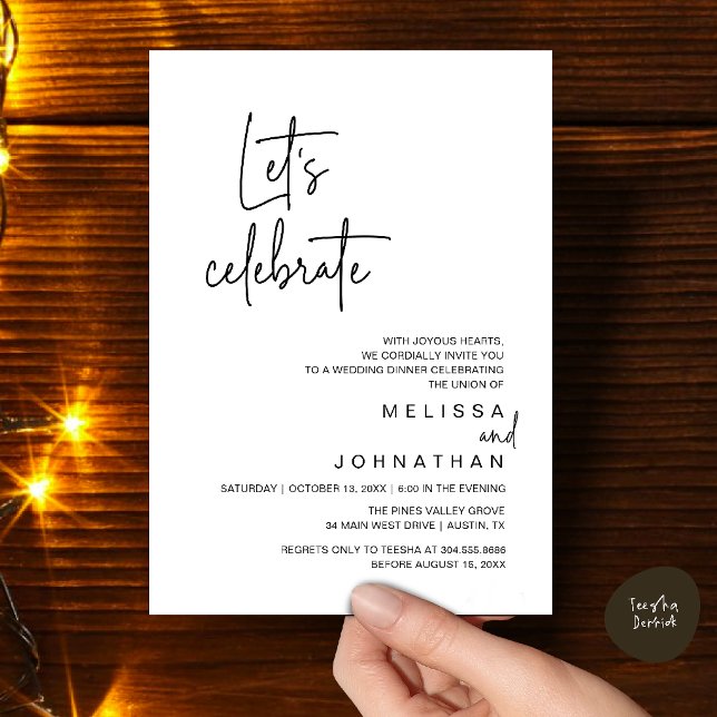 Invitation Fêtons, Dîner de Mariage en Intime (Let's Celebrate, Modern Wedding Elopement Dinner Party Invitation Card in Black White)