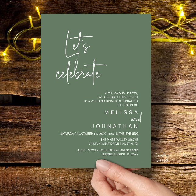 Invitation Fêtons, Dîner de Mariage en Intime (Let's Celebrate, Modern Wedding Elopement Dinner Party Invitation Card in Sage Green)
