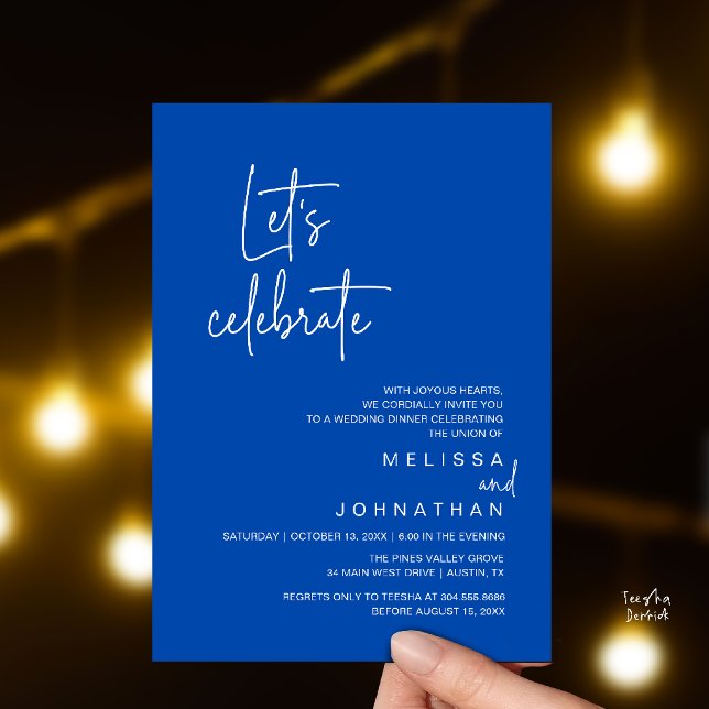 Invitation Fêtons, Dîner de Mariage en Intime (Let's Celebrate, Modern Wedding Elopement Dinner Party Invitation Card in Cobalt Blue)