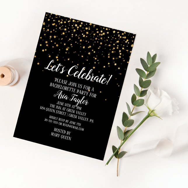 Invitation Fêtons la Confetti d'or sur la Bachelorette noire (Créateur téléchargé)