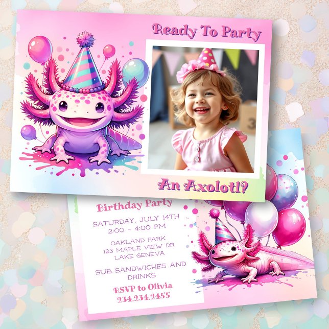 Invitation Fêtons la fête d'anniversaire de la fille Axolotl (Créateur téléchargé)