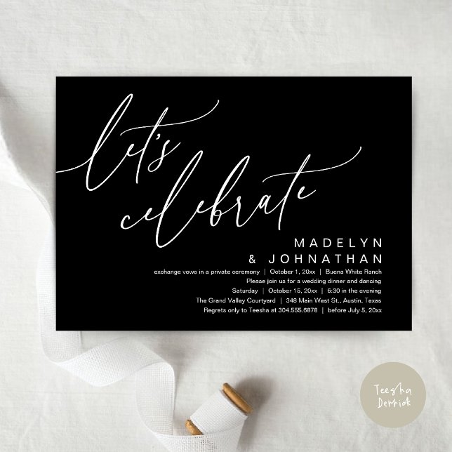 Invitation Fêtons la fête du Mariage romantique (Let's Celebrate, Romantic Charm Wedding Elopement Dinner Party Brunch Invites Card PDF Classy Black)