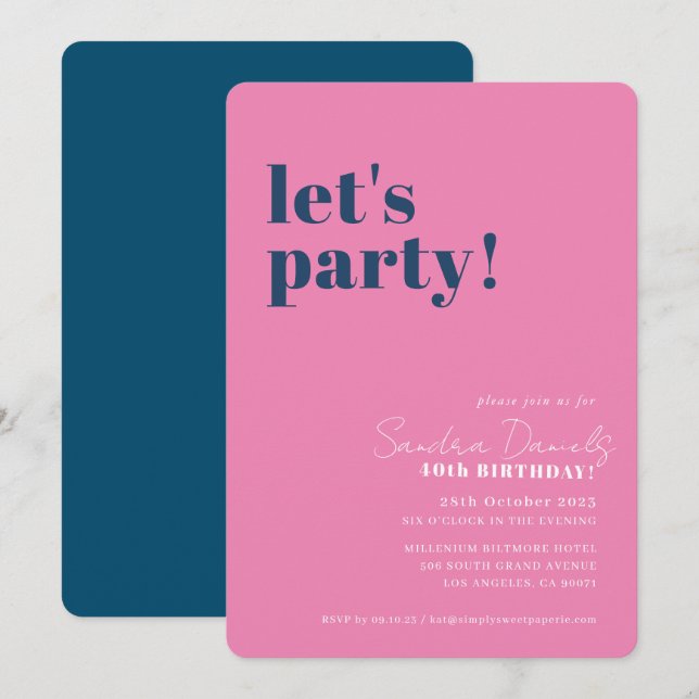 Invitation FÊTONS moderne minimal anniversaire marine rose (Devant / Derrière)