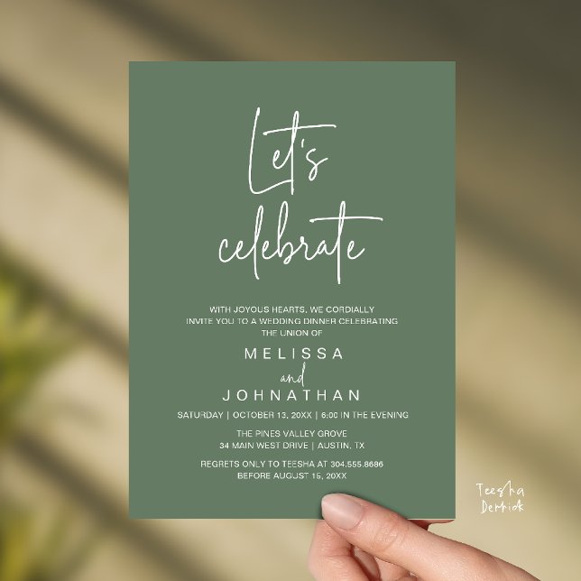 Invitation Fêtons, Réception de Mariage Intime (Let's Celebrate, Modern Minimal Wedding Elopement Reception Dinner Invites Card in Sage Green)