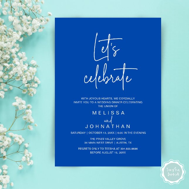 Invitation Fêtons, Réception de Mariage Intime (Let's Celebrate, Modern Minimal Wedding Elopement Reception Dinner Invites Card in Cobalt Blue)
