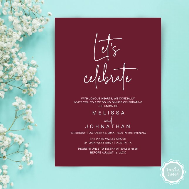 Invitation Fêtons, Réception de Mariage Intime (Let's Celebrate, Modern Minimal Wedding Elopement Reception Dinner Invites Card in Wine Red)