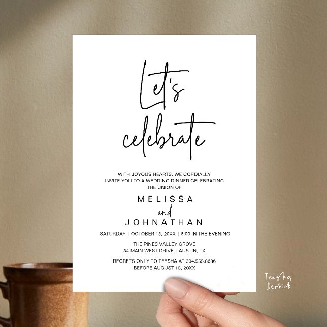 Invitation Fêtons, Réception de Mariage Intime (Let's Celebrate, Modern Minimal Wedding Elopement Reception Dinner Invites Card in Black and White)