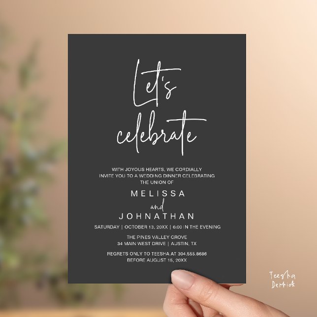 Invitation Fêtons, Réception de Mariage Intime (Let's Celebrate, Modern Minimal Wedding Elopement Reception Dinner Invites Card in Charcoal Grey)