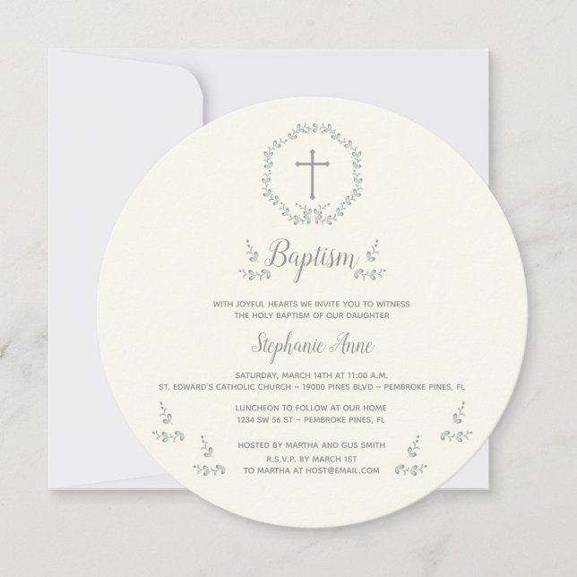 Invitation Feu Baptême Bleu et Feuille verte (Devant)