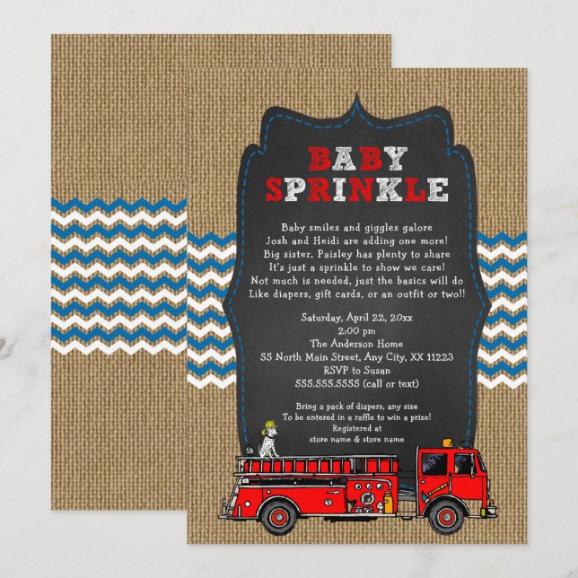 Invitation Feu Camion bébé saupoudré, baby shower garçon (Devant / Derrière)