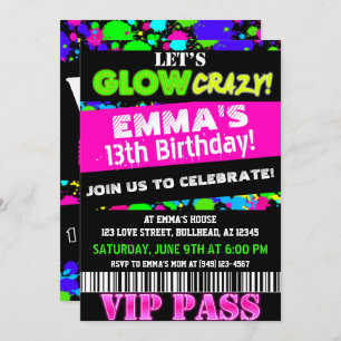 Invitation Feu dans le noir Neon Party VIP Pass Anniversaire
