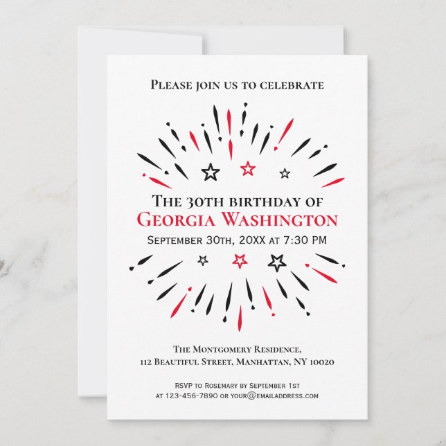 Invitation Feu d'artifice 30e fête d'anniversaire Noir Blanc  (Devant)