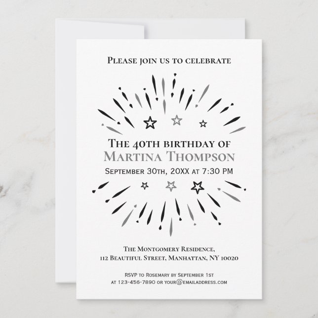 Invitation Feu d'artifice 40e fête d'anniversaire noir blanc  (Devant)