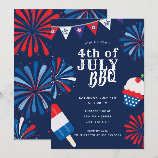 Invitation Feu d'artifice 4 juillet BBQ (Devant / Derrière)