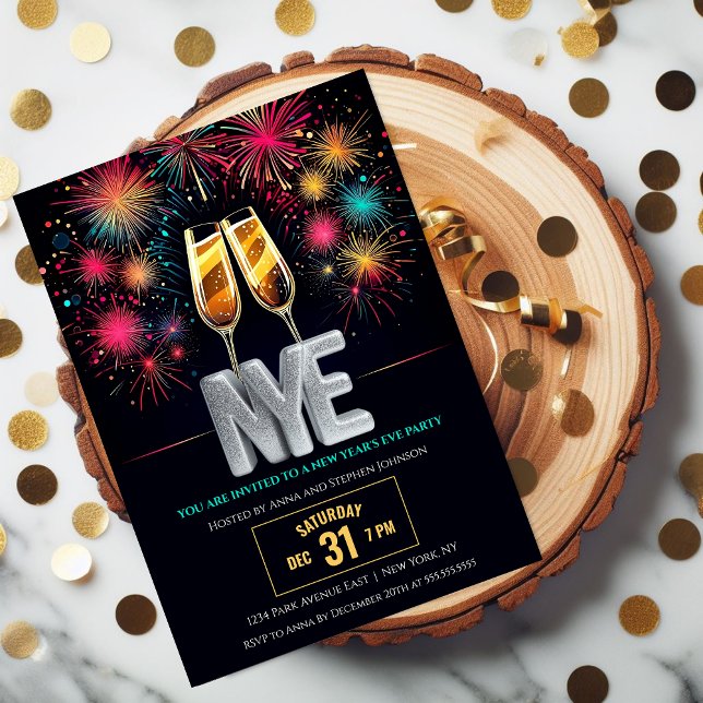 Invitation Feu d'artifice coloré du réveillon Champagne (Invite your family and friends to celebrate NYE with this colorful fireworks and champagne invite.)