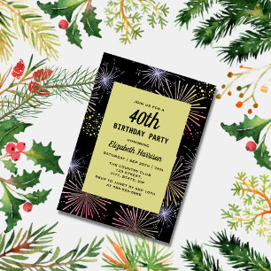 Invitation Feu d'artifice coloré moderne Noir doré Anniversai