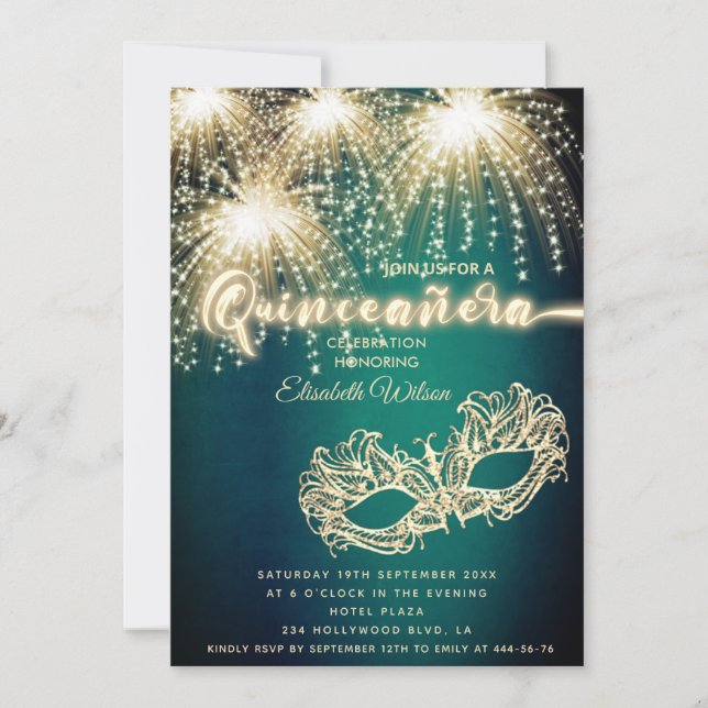 Invitation Feu d'artifice de luxe Mascarade Quinceañera (Devant)