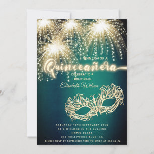 Invitation Feu d'artifice de luxe Mascarade Quinceañera