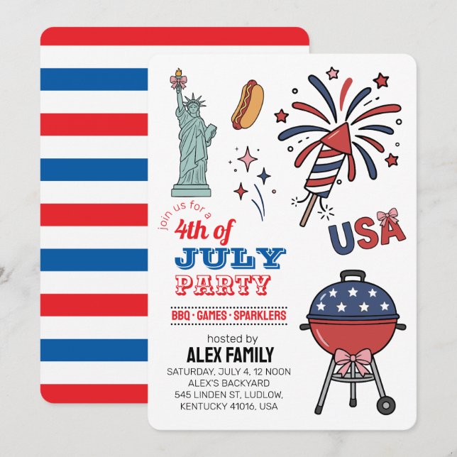 Invitation Feu d'artifice du 14 juillet BBQ Fête d'été (Devant / Derrière)