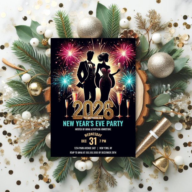 Invitation Feu d'artifice du Nouvel An 2026 (Glamorous New Year's Eve Party Invitation front view.)