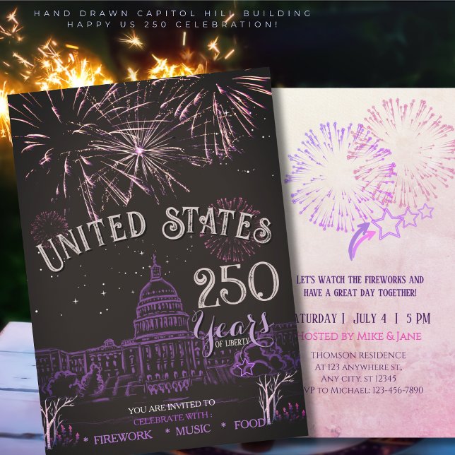 Invitation Feu d'artifice élégant États-Unis 250 ans pour le  (Elegant US 250 Years Firework Purple Capitol Hill Invitation)