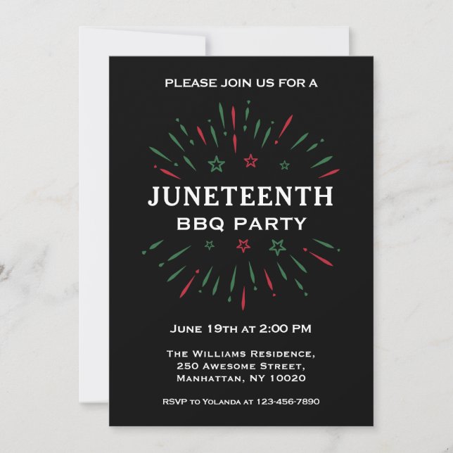 Invitation Feu d'artifice Noir Rouge Vert Fête de barbecue Ju (Devant)