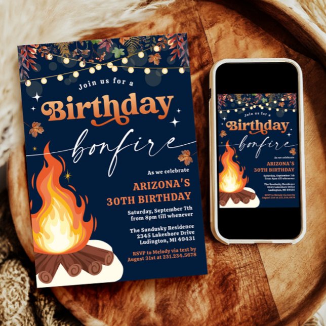 Invitation Feu d'automne moderne Anniversaire, Feu de feu de  (Modern Fall Bonfire Birthday, Bonfire Bash Invitation)