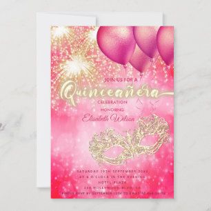 Invitation Feu de ballon mascarade rose Quinceañera