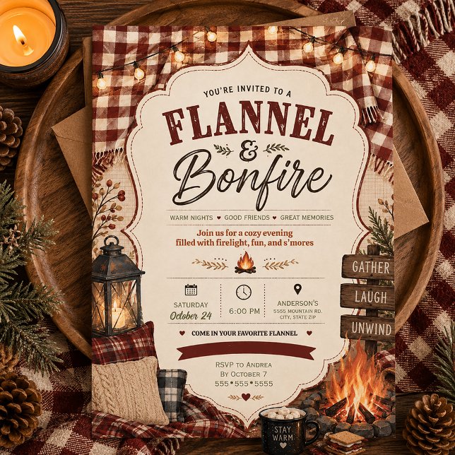 Invitation Feu de cheminée à carreaux Flanelle Automne Rassem (Flannel & Bonfire invitation)