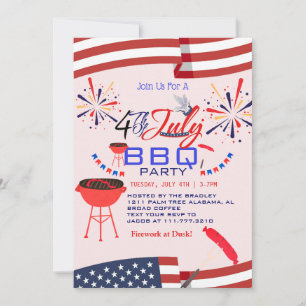 Invitation Feu de travail blanc rouge et bleu barbecue 4 juil