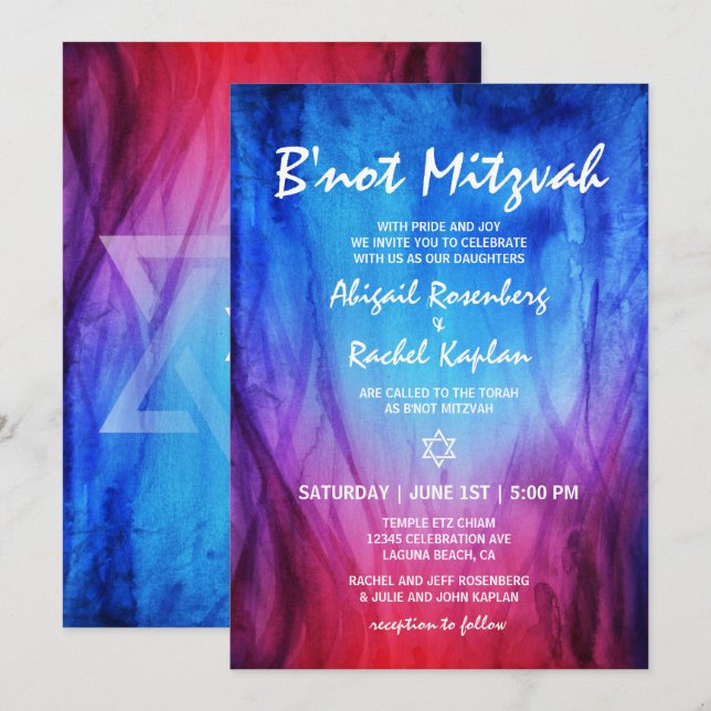 Invitation Feu Glace Rouge Bleu |  Étoile de David B'not Mitz (Devant / Derrière)