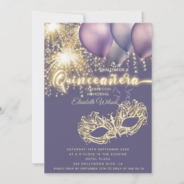 Invitation Feu mousseux Masquerade violet Quinceañera (Devant)