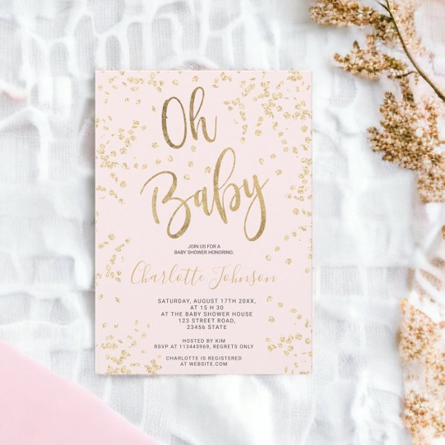 Invitation Feuil d'or rose moderne confetti oh baby shower (Modern pink gold foil confetti oh baby shower invitation)