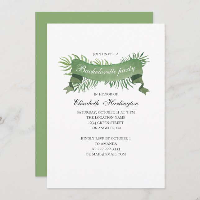 Invitation Feuillage aquarelle. Bachelorette tropicale (Devant / Derrière)