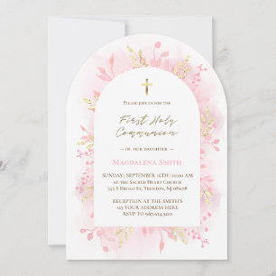Invitation feuillage aquarelle rose Première Sainte Communion