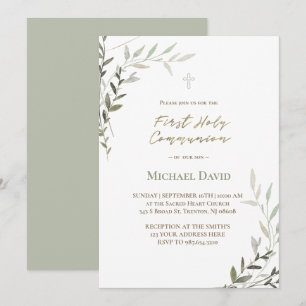 Invitation feuillage aquarelle verte Première Sainte Communio