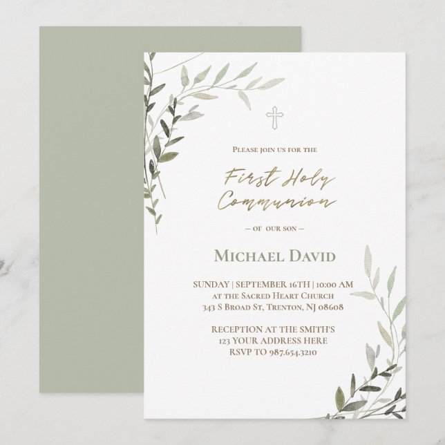 Invitation feuillage aquarelle verte Première Sainte Communio (Devant / Derrière)