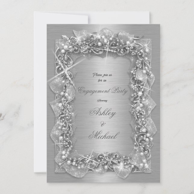 Invitation feuillage argent luxe prospérité paillettes métall (Devant)